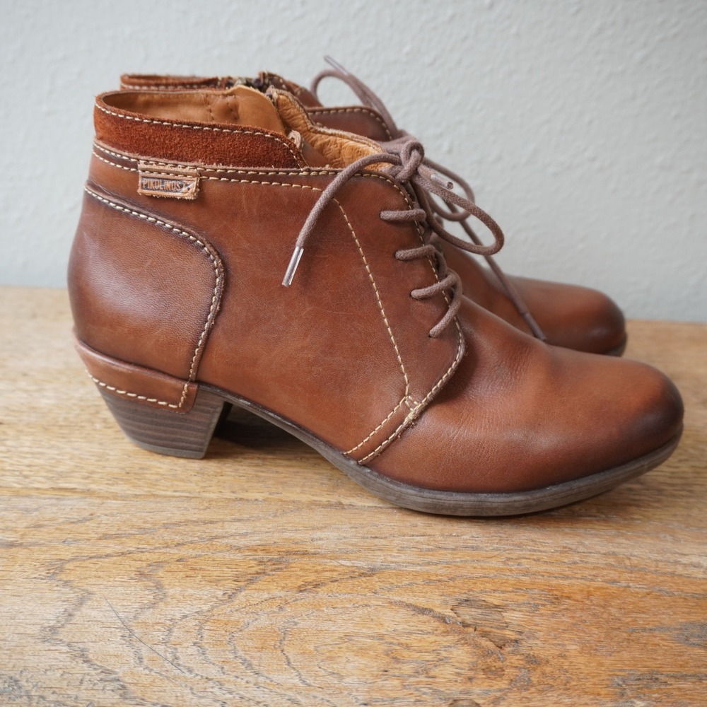 Pikolinos Women's Size 38 Ankle Boots Brown Leather Lace Up Side Zip Bootie
